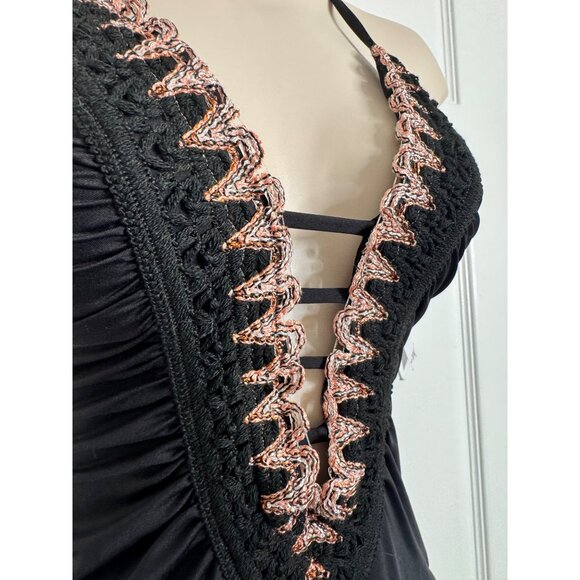 Becca Delilah Crochet Trim One Piece Size Medium Plunge Swimsuit NWT $138 Black - Picture 13 of 14